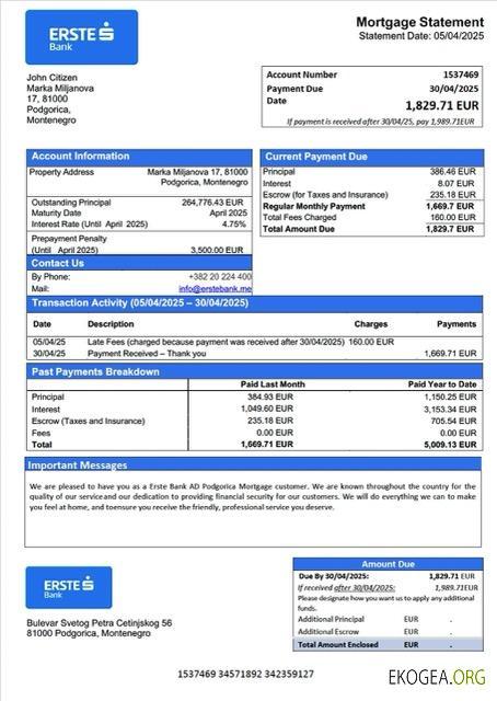 Monténégro Erste Bank AD Podgorica relevé hypothécaire Modèle Word et PDF